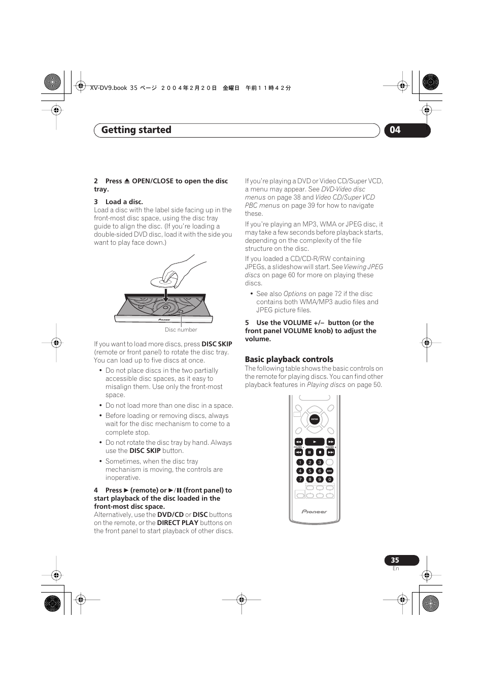 Basic playback controls, Getting started 04 | Pioneer XV-DV9 User Manual | Page 35 / 94
