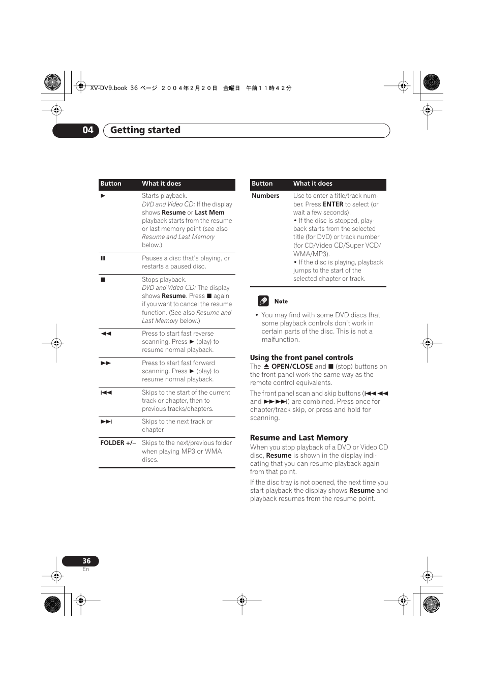 Resume and last memory, Getting started 04 | Pioneer XV-DV9 User Manual | Page 36 / 94
