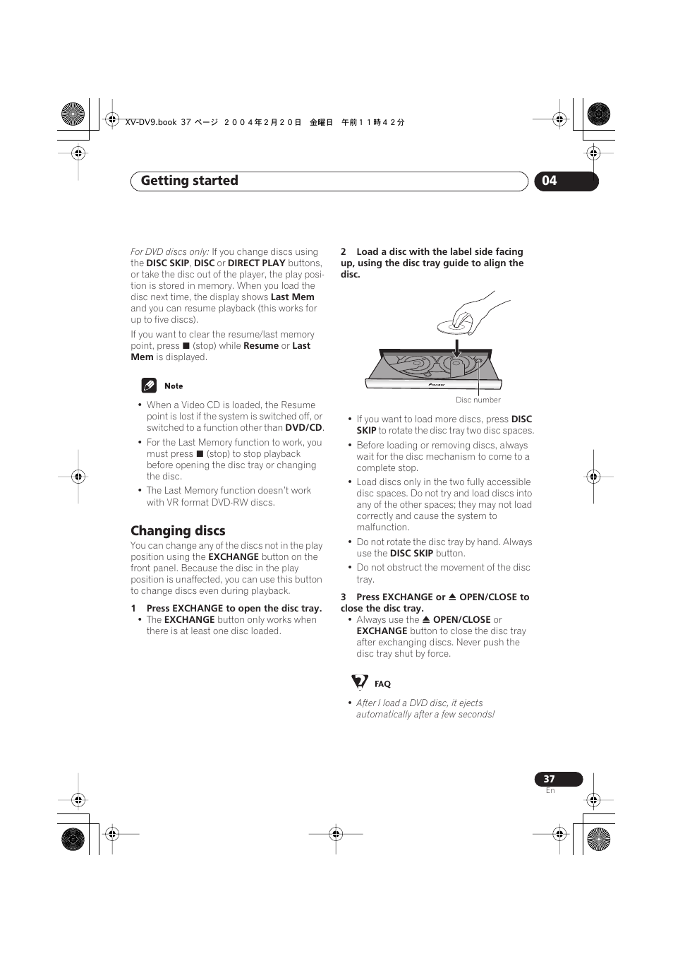 Changing discs, Getting started 04 | Pioneer XV-DV9 User Manual | Page 37 / 94