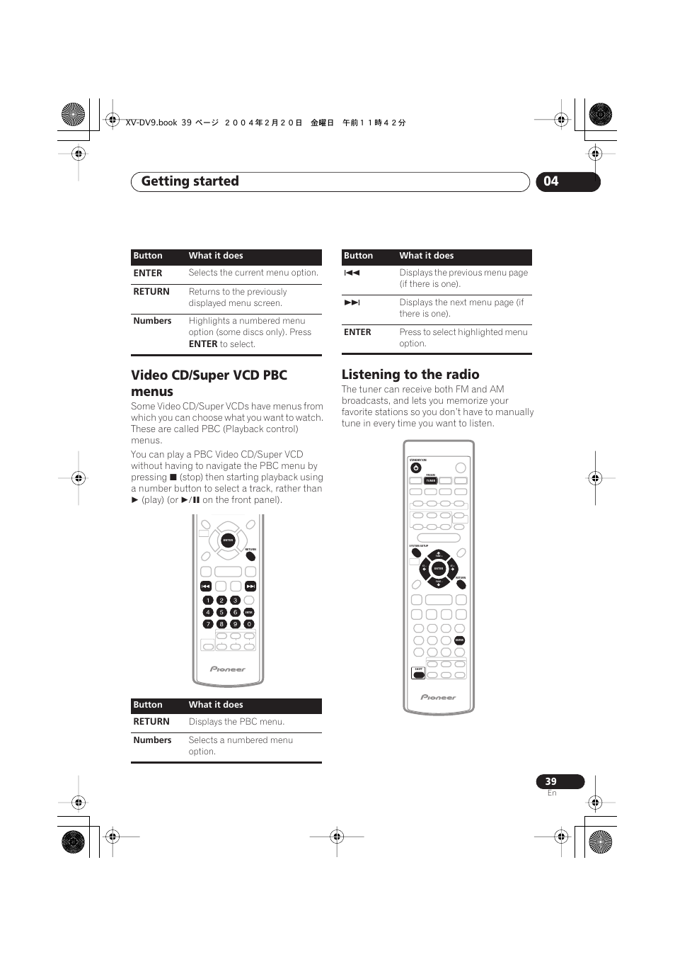 Video cd/super vcd pbc menus, Listening to the radio, Getting started 04 | Pioneer XV-DV9 User Manual | Page 39 / 94
