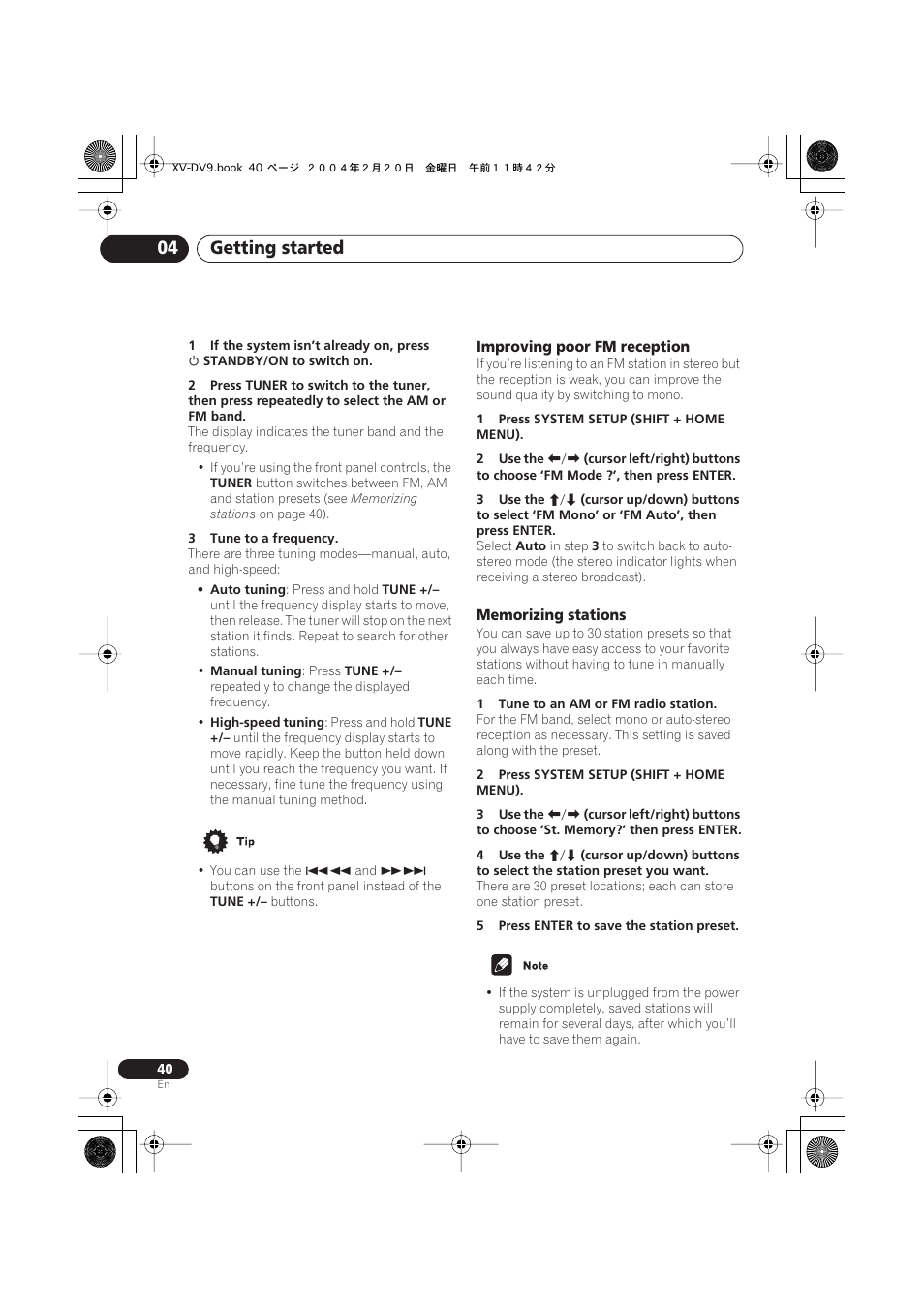 Improving poor fm reception, Memorizing stations, Getting started 04 | Pioneer XV-DV9 User Manual | Page 40 / 94