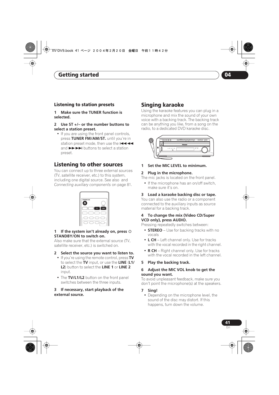 Listening to station presets, Listening to other sources, Singing karaoke | Getting started 04 | Pioneer XV-DV9 User Manual | Page 41 / 94