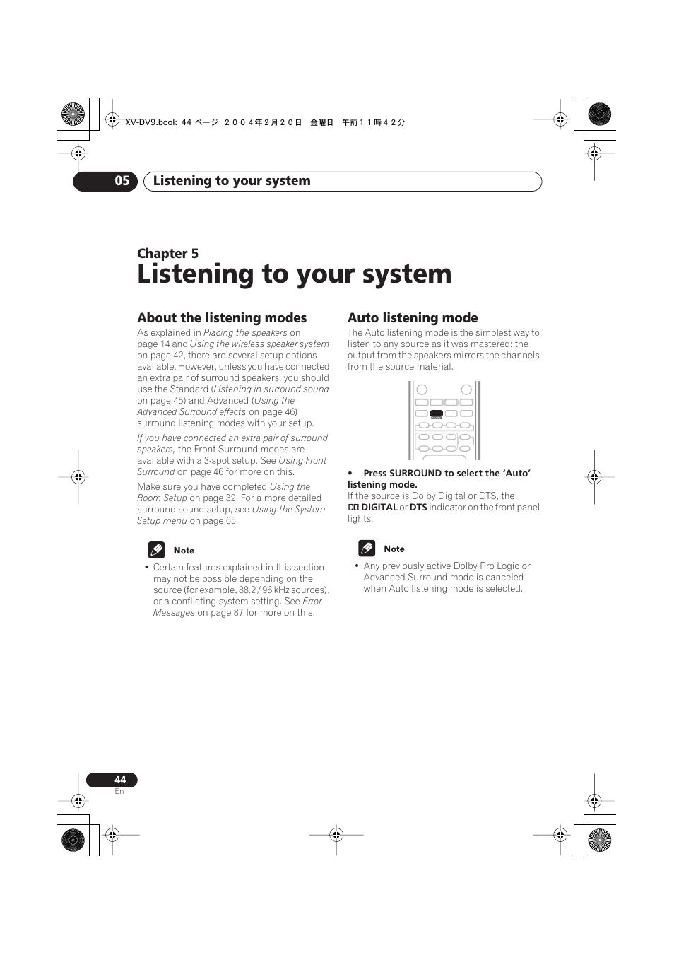 05 listening to your system, About the listening modes, Auto listening mode | Listening to your system, Listening to your system 05, Chapter 5 | Pioneer XV-DV9 User Manual | Page 44 / 94