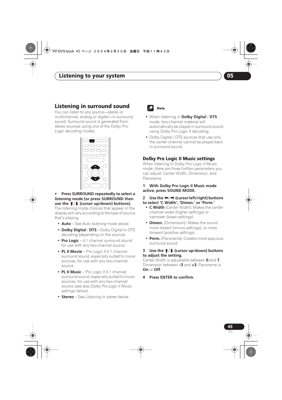 Listening in surround sound, Dolby pro logic ii music settings, Listening to your system 05 | Pioneer XV-DV9 User Manual | Page 45 / 94