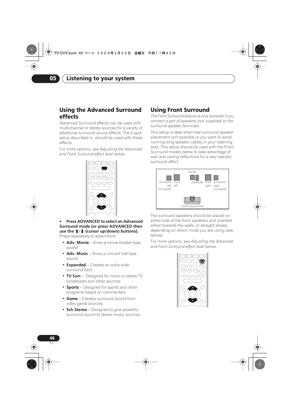 Using the advanced surround effects, Using front surround, Listening to your system 05 | Pioneer XV-DV9 User Manual | Page 46 / 94