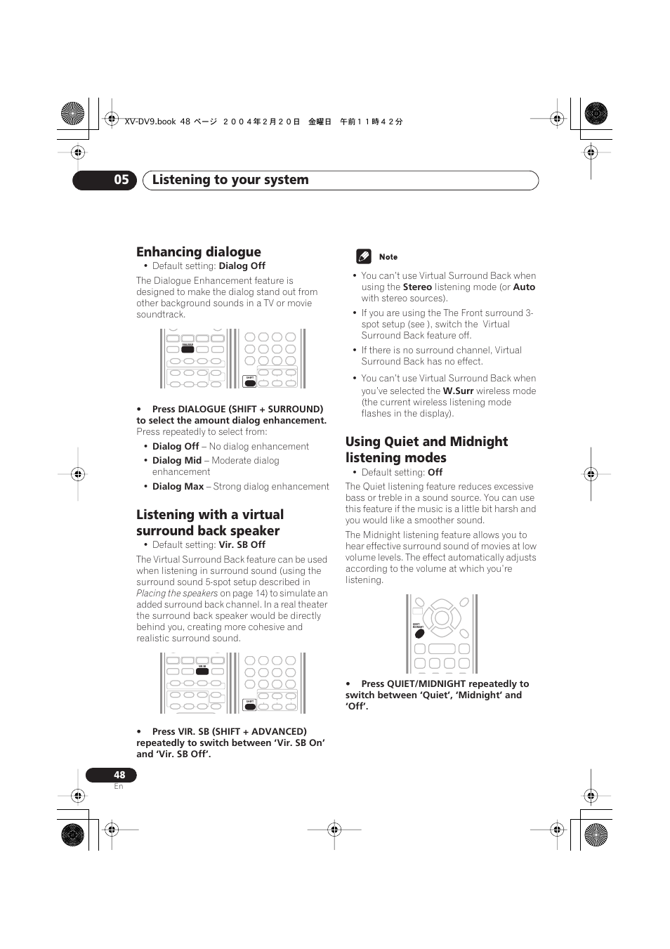 Enhancing dialogue, Listening with a virtual surround back speaker, Using quiet and midnight listening modes | Listening to your system 05 | Pioneer XV-DV9 User Manual | Page 48 / 94