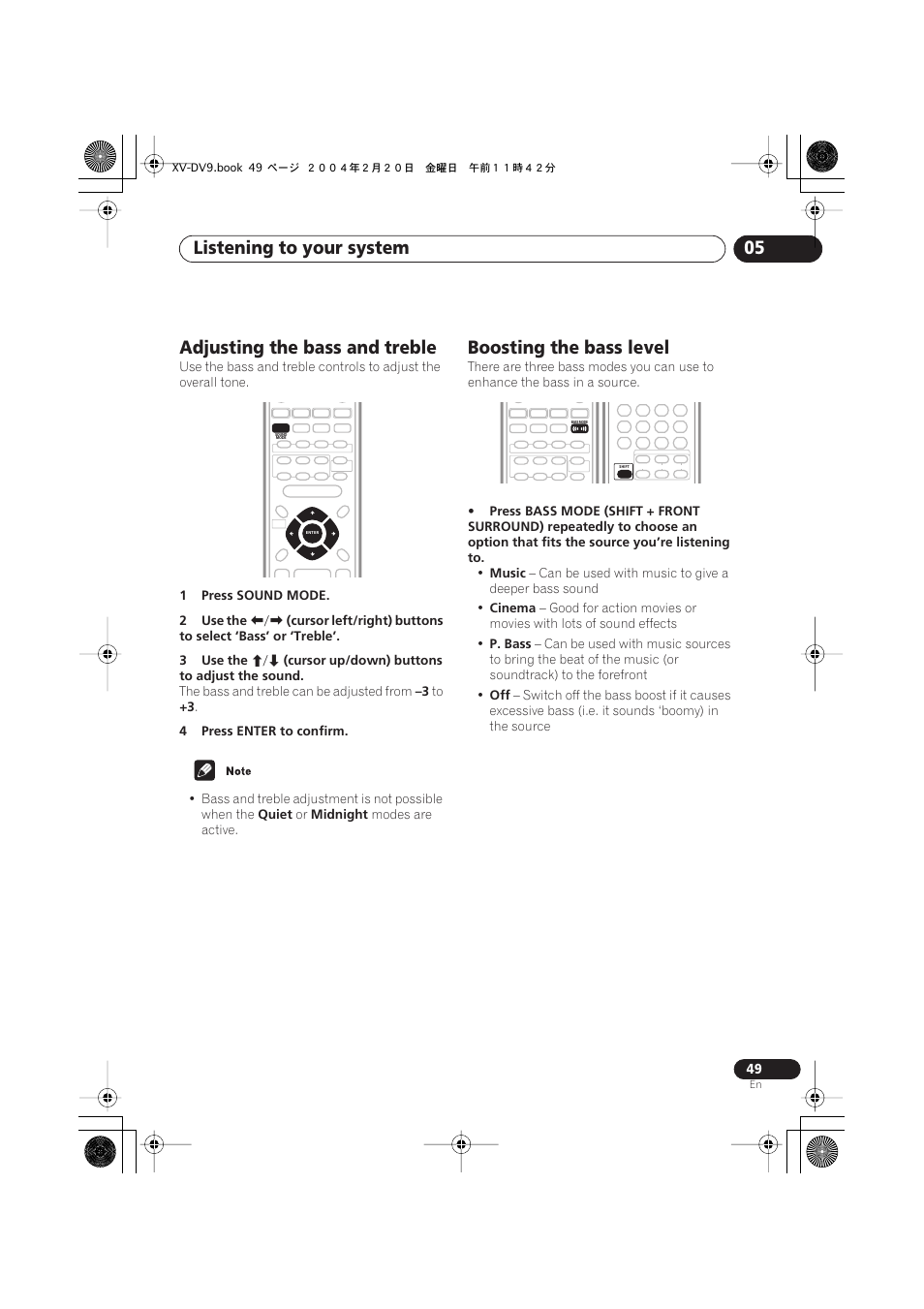 Adjusting the bass and treble, Boosting the bass level, Listening to your system 05 | Pioneer XV-DV9 User Manual | Page 49 / 94