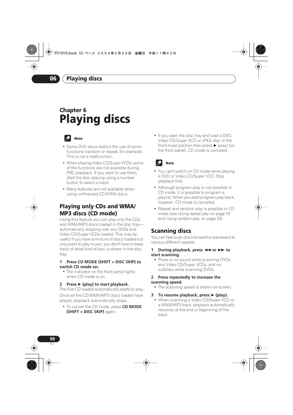 06 playing discs, Playing only cds and wma/mp3 discs (cd mode), Scanning discs | Playing discs, Playing discs 06, Chapter 6, Playing only cds and wma/ mp3 discs (cd mode) | Pioneer XV-DV9 User Manual | Page 50 / 94