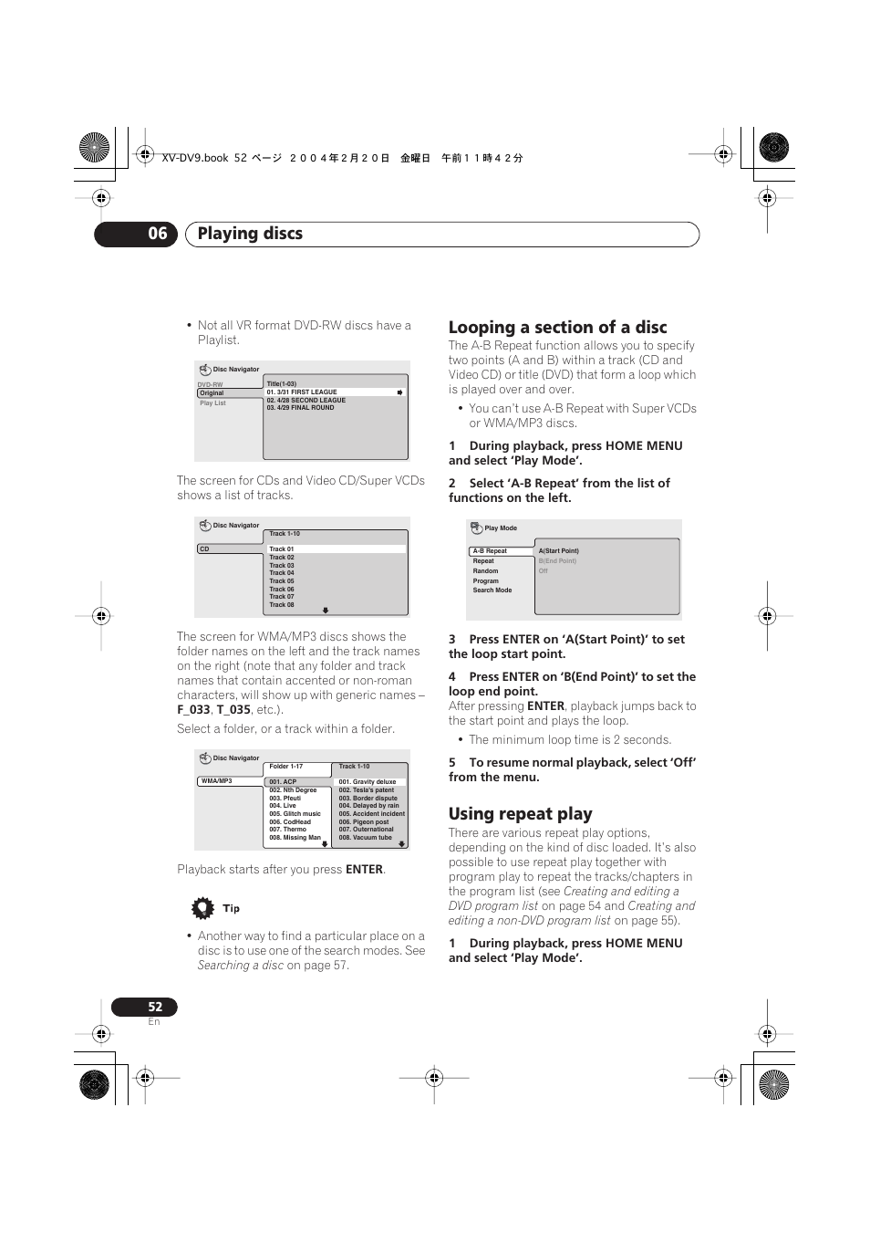 Looping a section of a disc, Using repeat play, Playing discs 06 | Pioneer XV-DV9 User Manual | Page 52 / 94