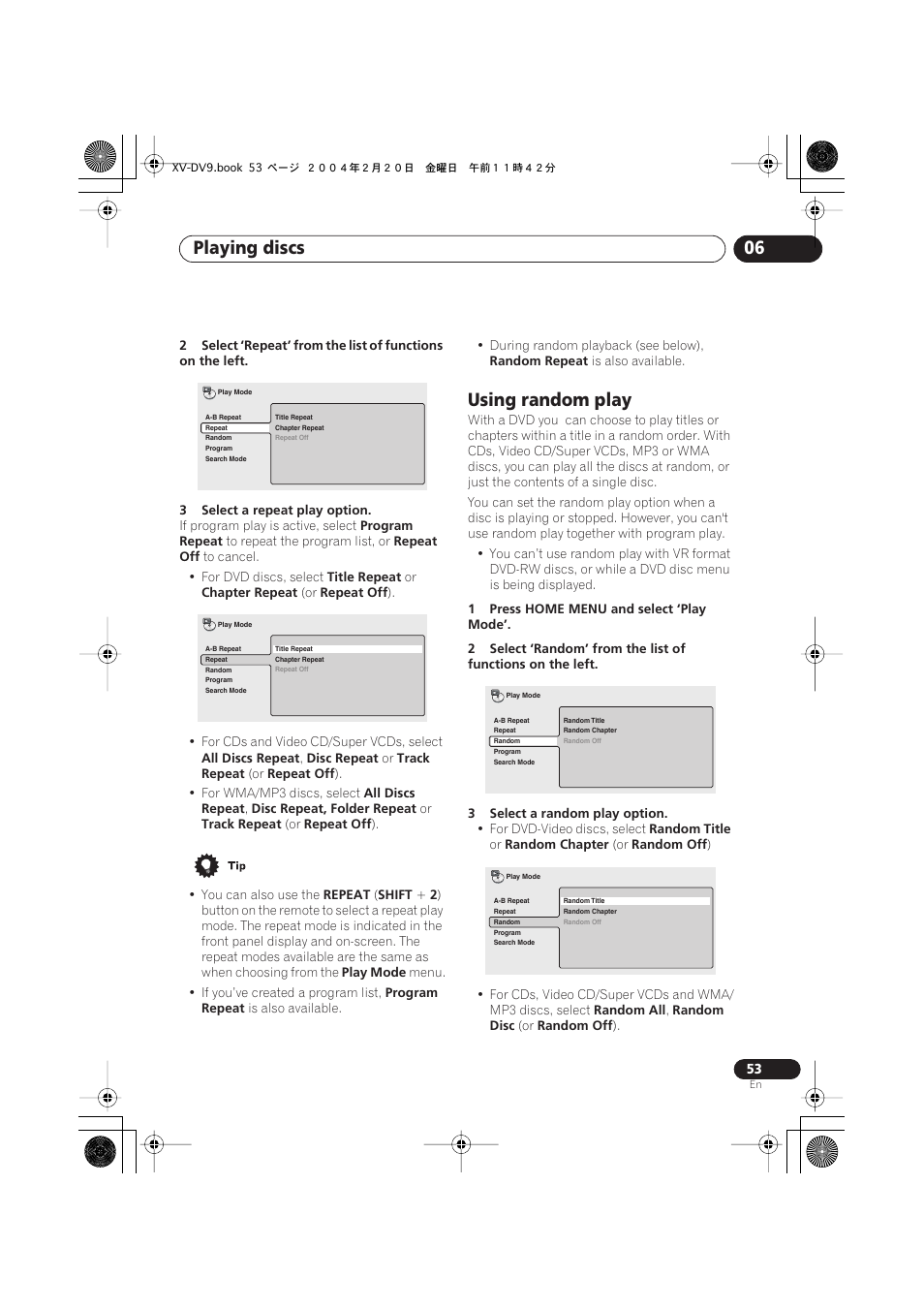 Using random play, Playing discs 06 | Pioneer XV-DV9 User Manual | Page 53 / 94