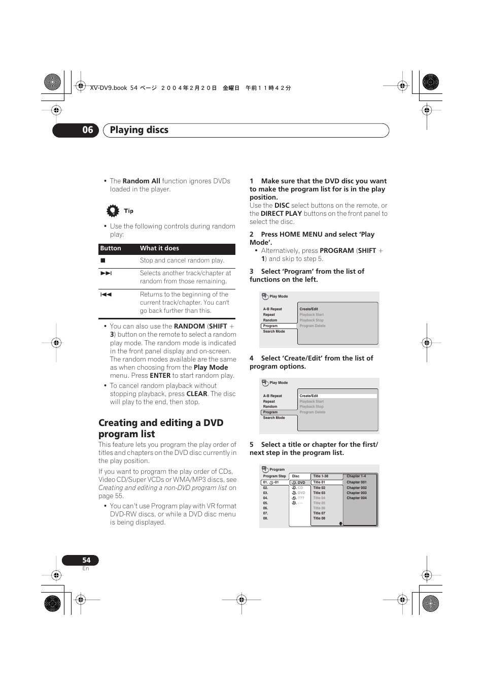 Creating and editing a dvd program list, Playing discs 06 | Pioneer XV-DV9 User Manual | Page 54 / 94