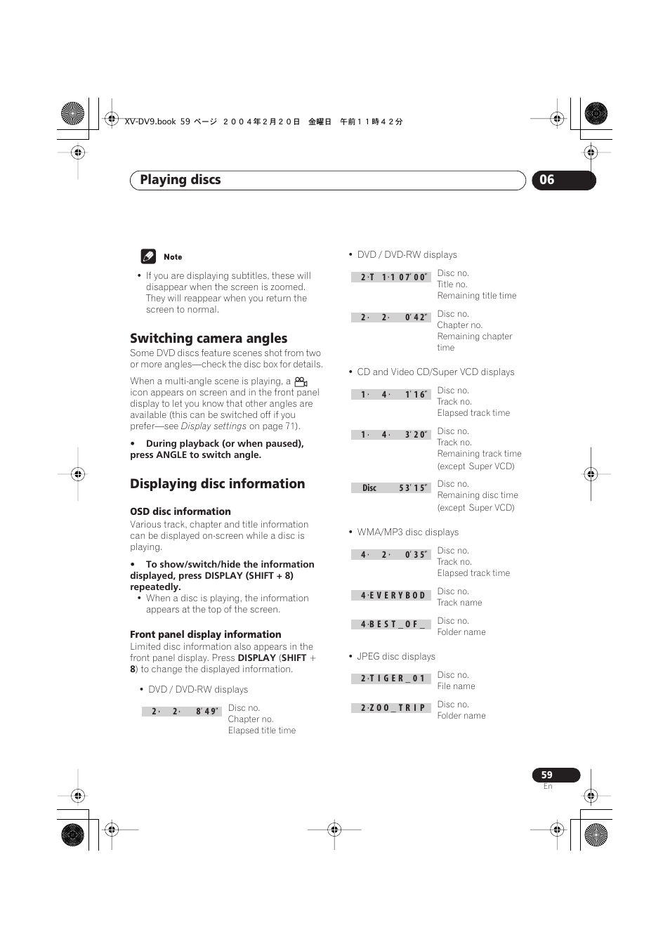 Switching camera angles, Displaying disc information, Playing discs 06 | Pioneer XV-DV9 User Manual | Page 59 / 94
