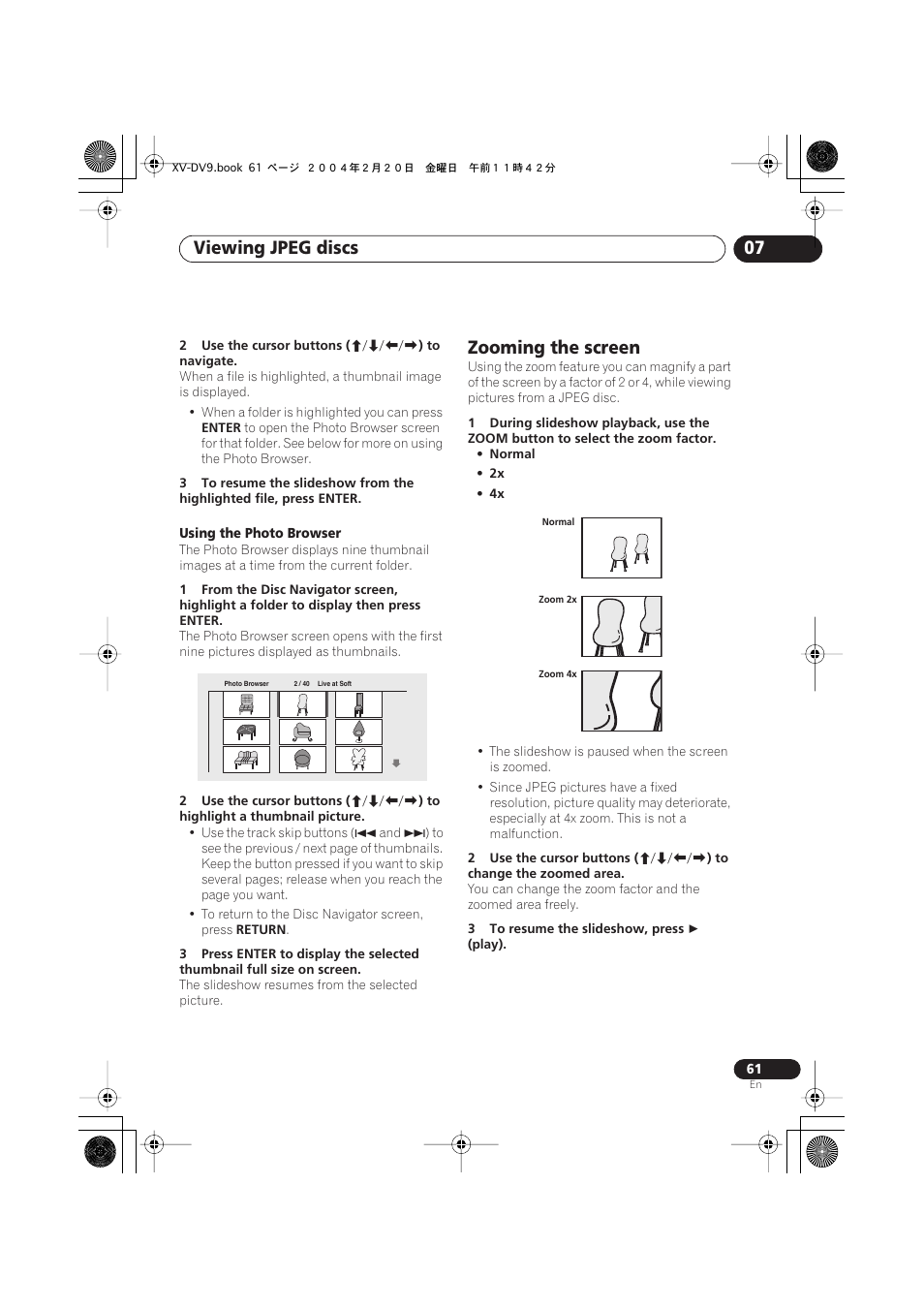 Zooming the screen, Viewing jpeg discs 07 | Pioneer XV-DV9 User Manual | Page 61 / 94