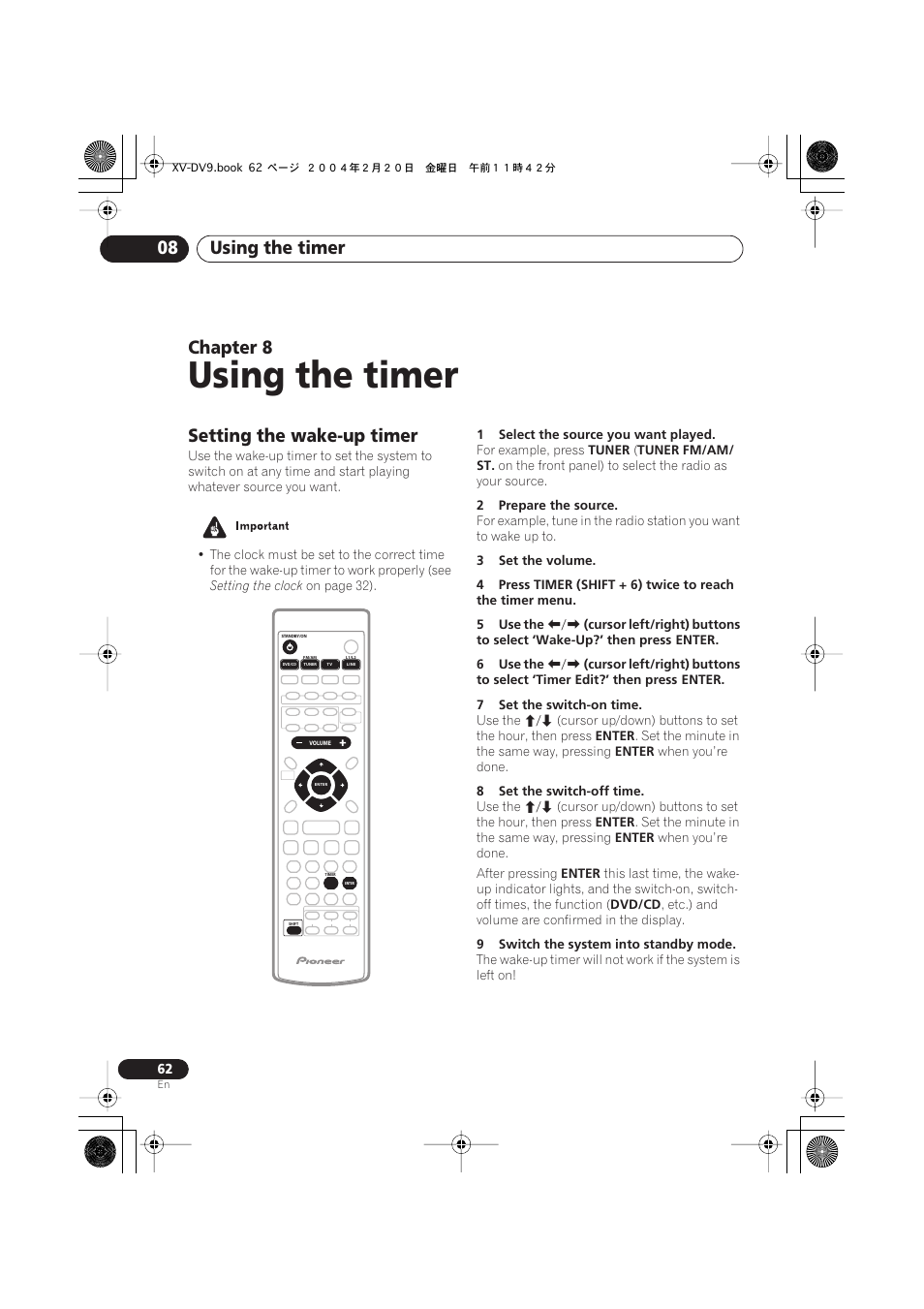 08 using the timer, Setting the wake-up timer, Using the timer | Using the timer 08, Chapter 8 | Pioneer XV-DV9 User Manual | Page 62 / 94