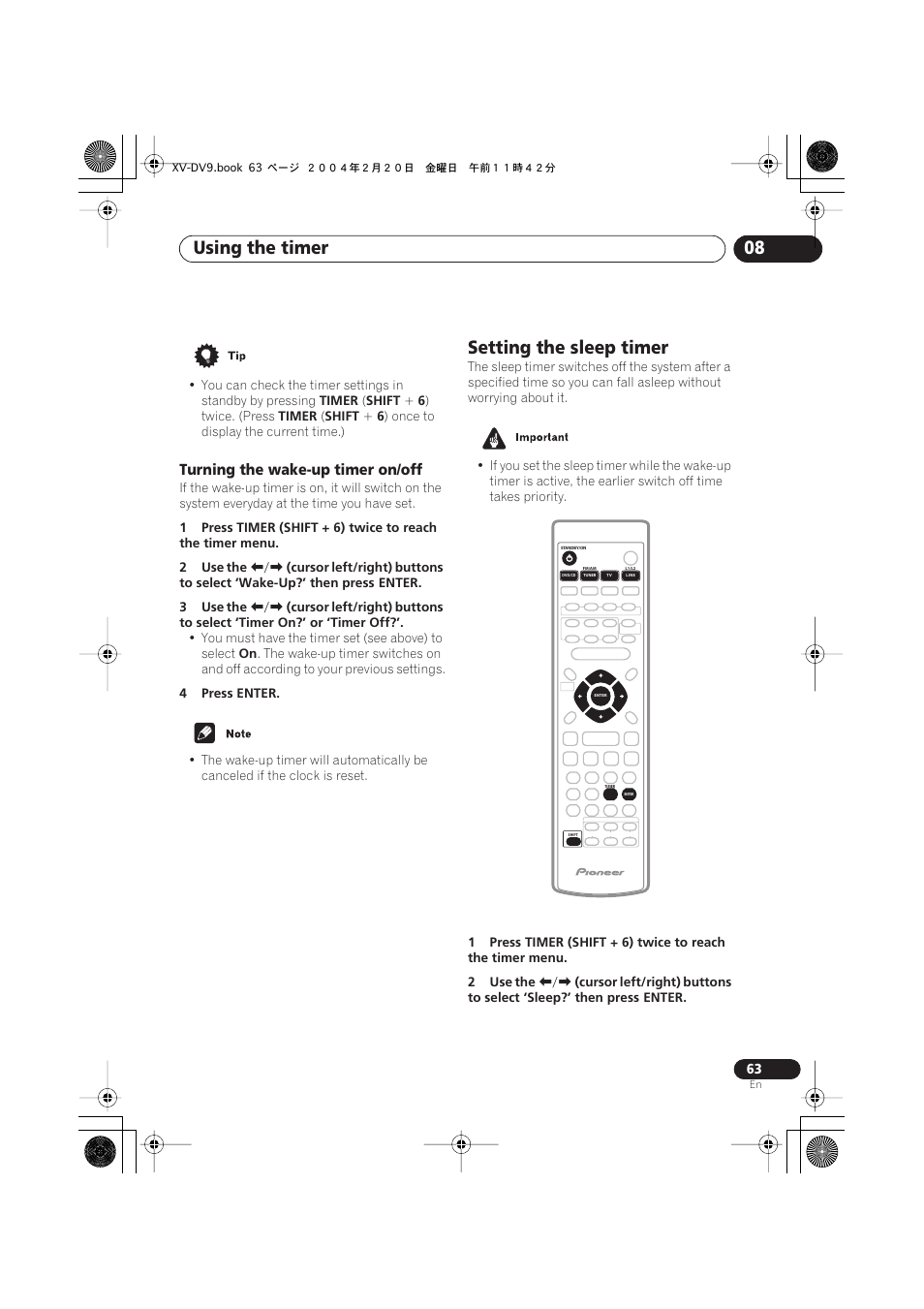 Turning the wake-up timer on/off, Setting the sleep timer, Using the timer 08 | Pioneer XV-DV9 User Manual | Page 63 / 94