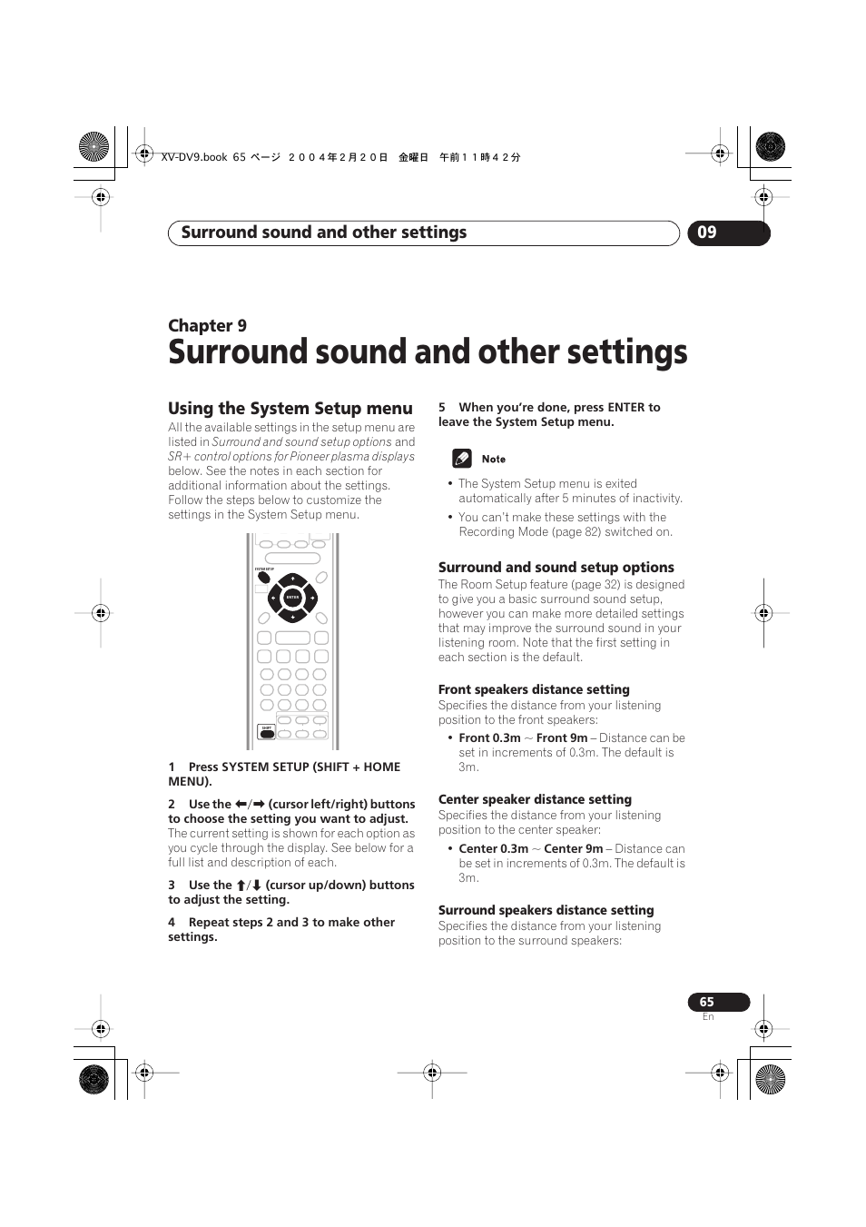 09 surround sound and other settings, Using the system setup menu, Surround and sound setup options | Surround sound and other settings, Surround sound and other settings 09, Chapter 9 | Pioneer XV-DV9 User Manual | Page 65 / 94
