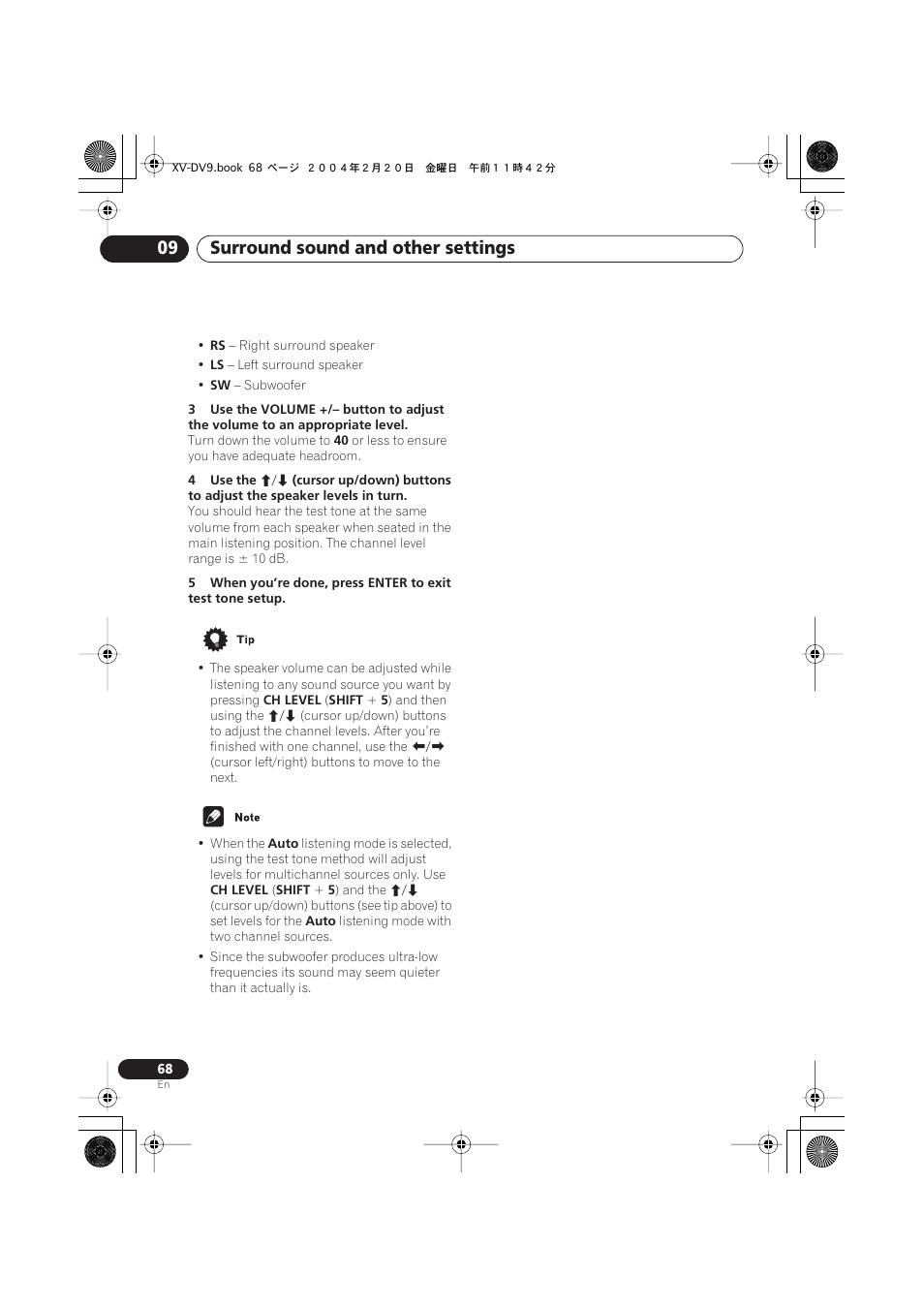 Surround sound and other settings 09 | Pioneer XV-DV9 User Manual | Page 68 / 94