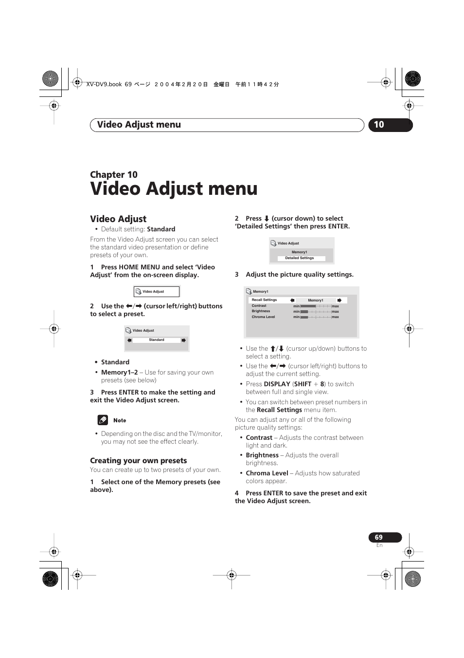 10 video adjust menu, Video adjust, Creating your own presets | Video adjust menu, Video adjust menu 10, Chapter 10 | Pioneer XV-DV9 User Manual | Page 69 / 94