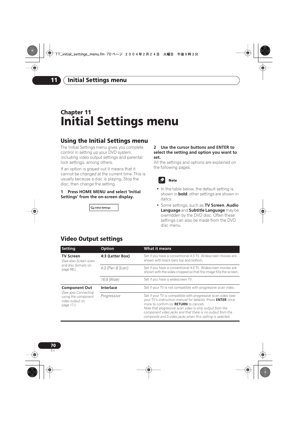 11 initial settings menu, Using the initial settings menu, Video output settings | Initial settings menu, Initial settings menu 11, Chapter 11 | Pioneer XV-DV9 User Manual | Page 70 / 94