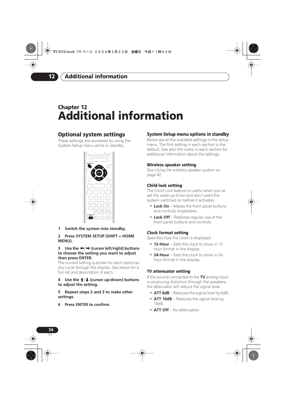 12 additional information, Optional system settings, System setup menu options in standby | Additional information, Additional information 12, Chapter 12 | Pioneer XV-DV9 User Manual | Page 74 / 94