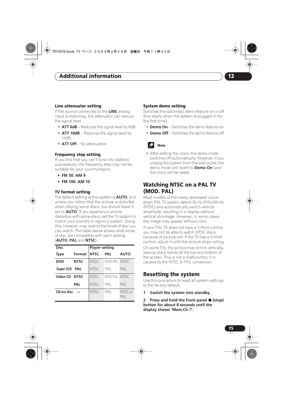 Watching ntsc on a pal tv (mod. pal), Resetting the system, Additional information 12 | Pioneer XV-DV9 User Manual | Page 75 / 94