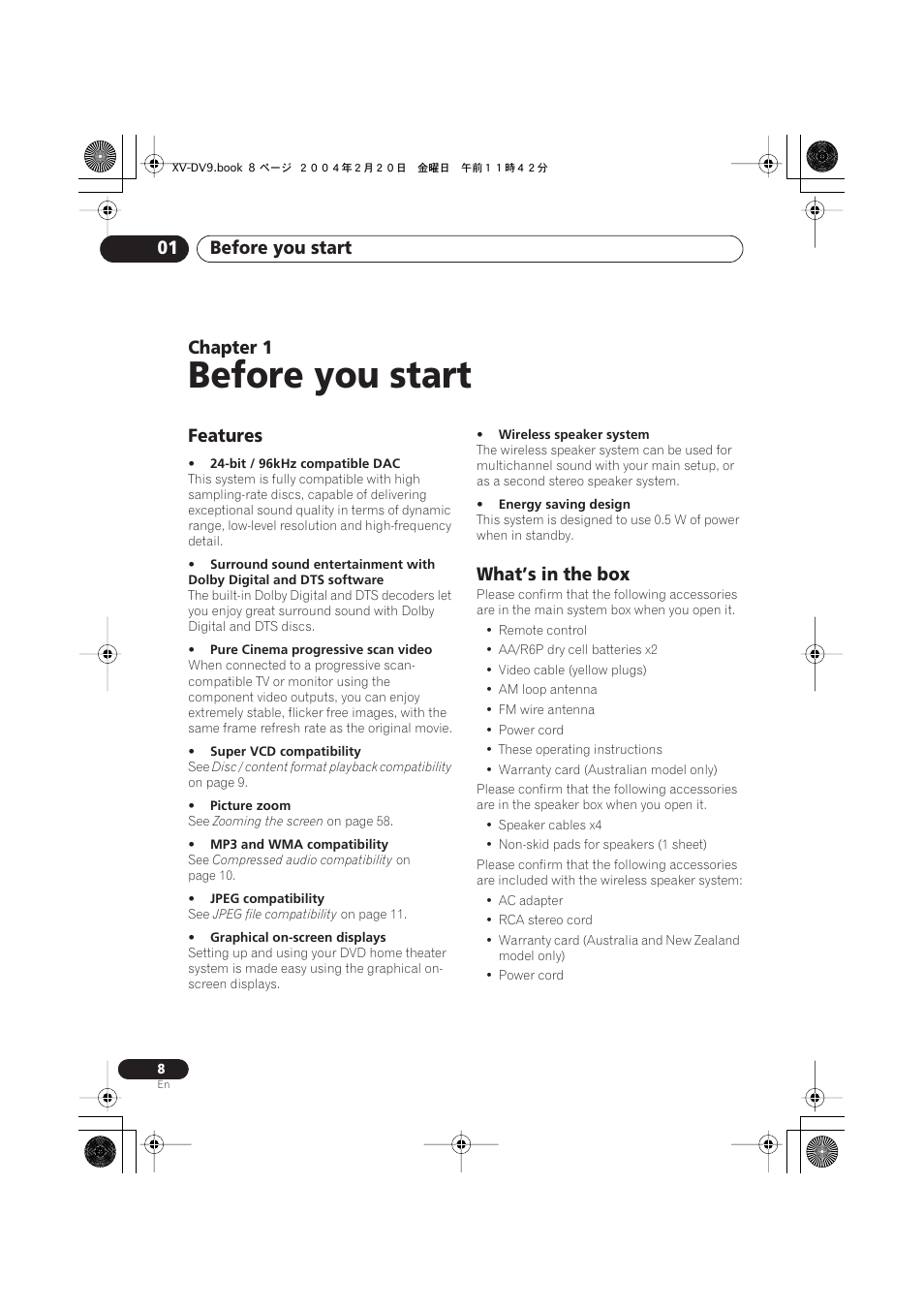 01 before you start, Features, What’s in the box | Before you start, Before you start 01, Chapter 1 | Pioneer XV-DV9 User Manual | Page 8 / 94