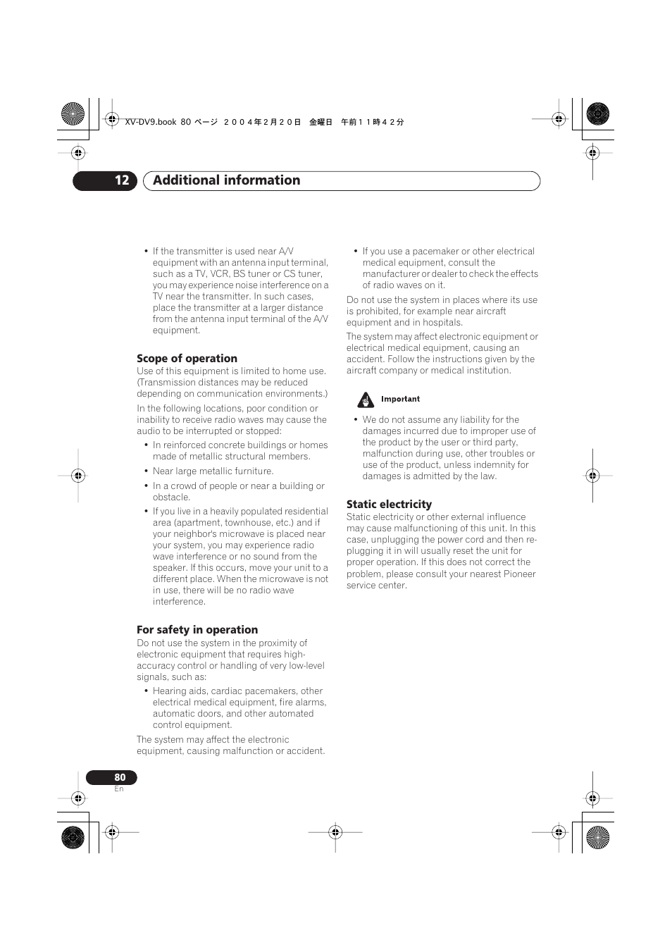 Scope of operation, For safety in operation, Static electricity | Additional information 12 | Pioneer XV-DV9 User Manual | Page 80 / 94