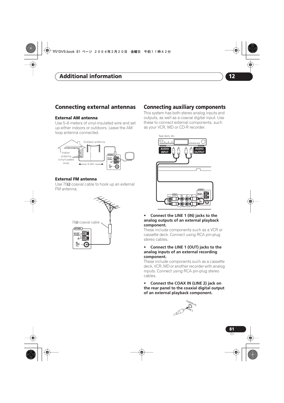 Connecting external antennas, Connecting auxiliary components, Additional information 12 | Pioneer XV-DV9 User Manual | Page 81 / 94