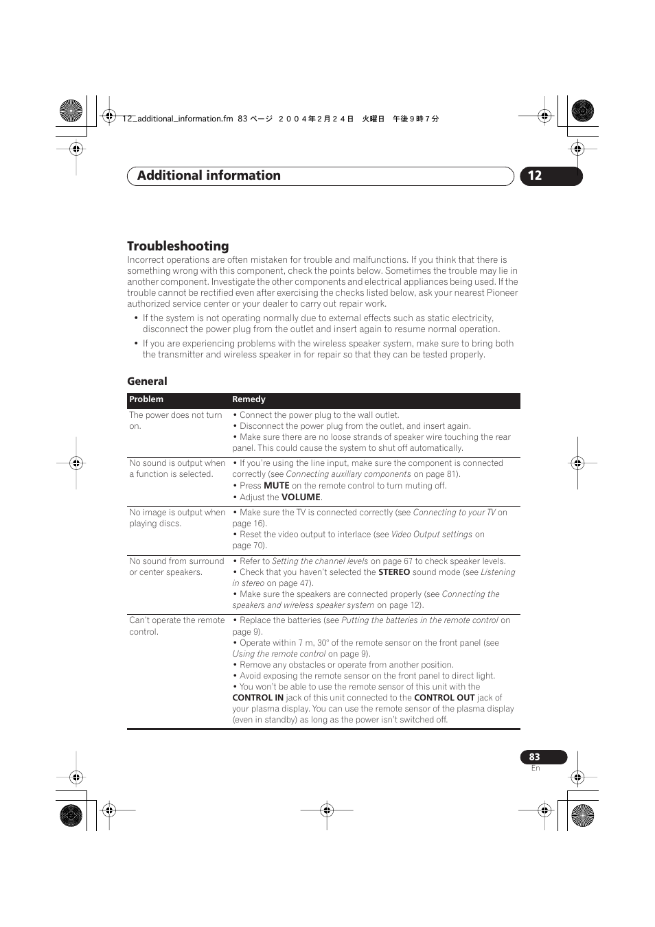 Troubleshooting, General, Additional information 12 | Pioneer XV-DV9 User Manual | Page 83 / 94