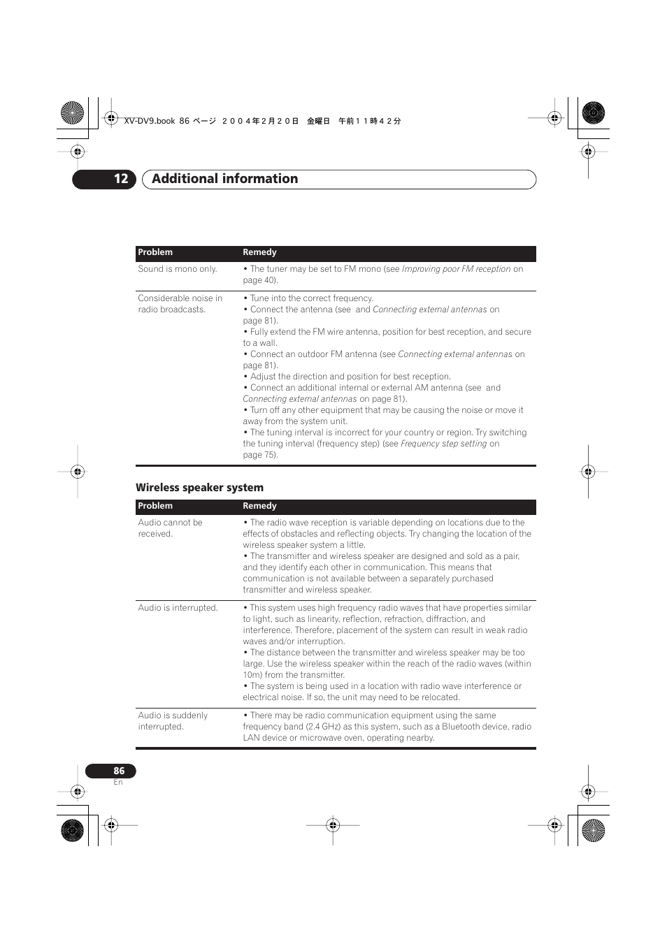 Wireless speaker system, Additional information 12 | Pioneer XV-DV9 User Manual | Page 86 / 94