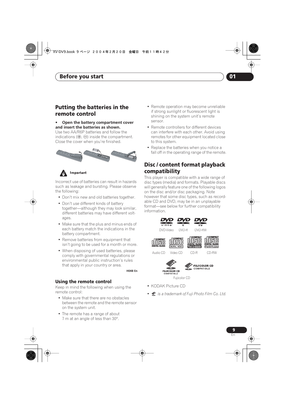 Putting the batteries in the remote control, Using the remote control, Disc / content format playback compatibility | Before you start 01 | Pioneer XV-DV9 User Manual | Page 9 / 94