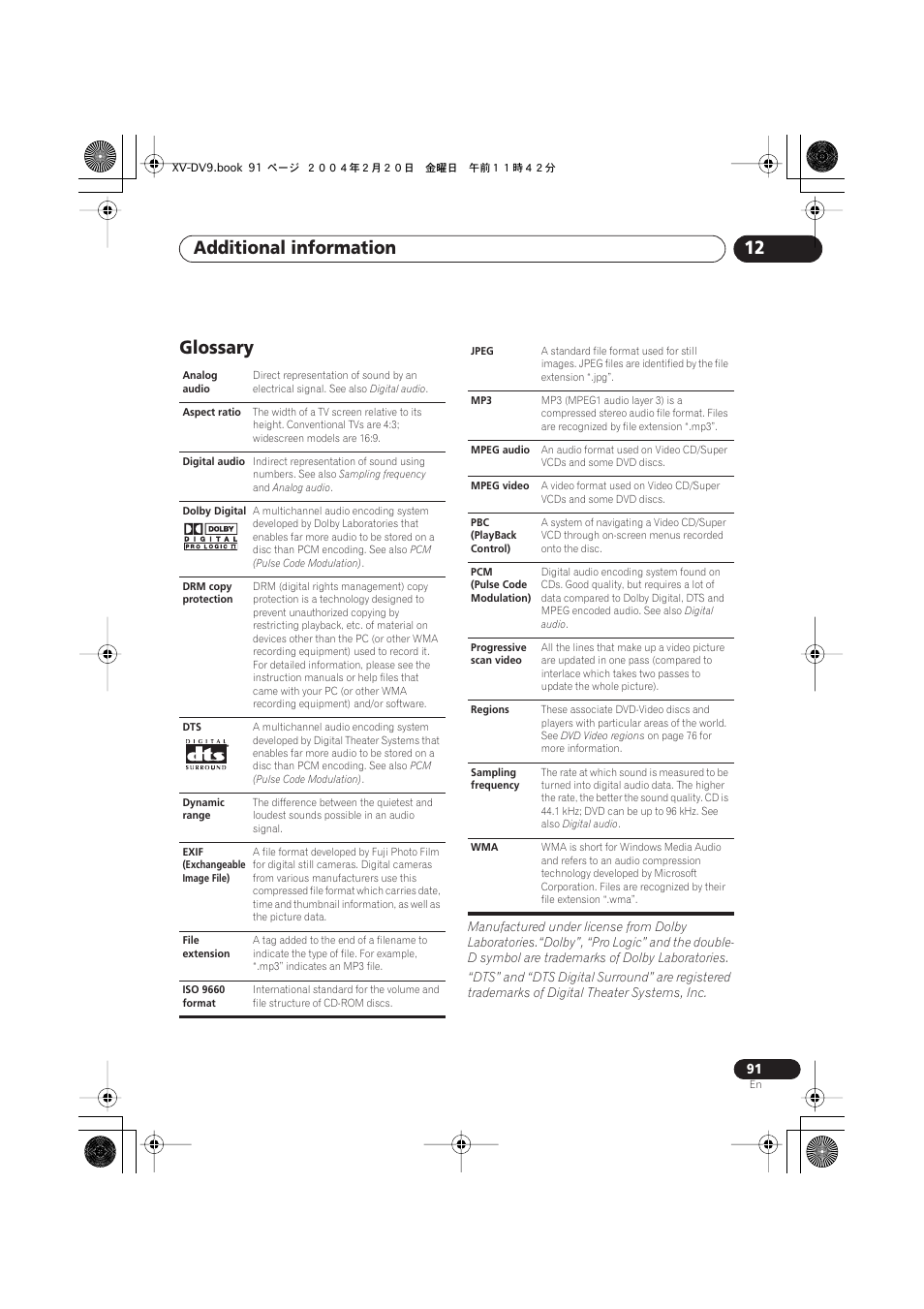 Glossary, Additional information 12 | Pioneer XV-DV9 User Manual | Page 91 / 94