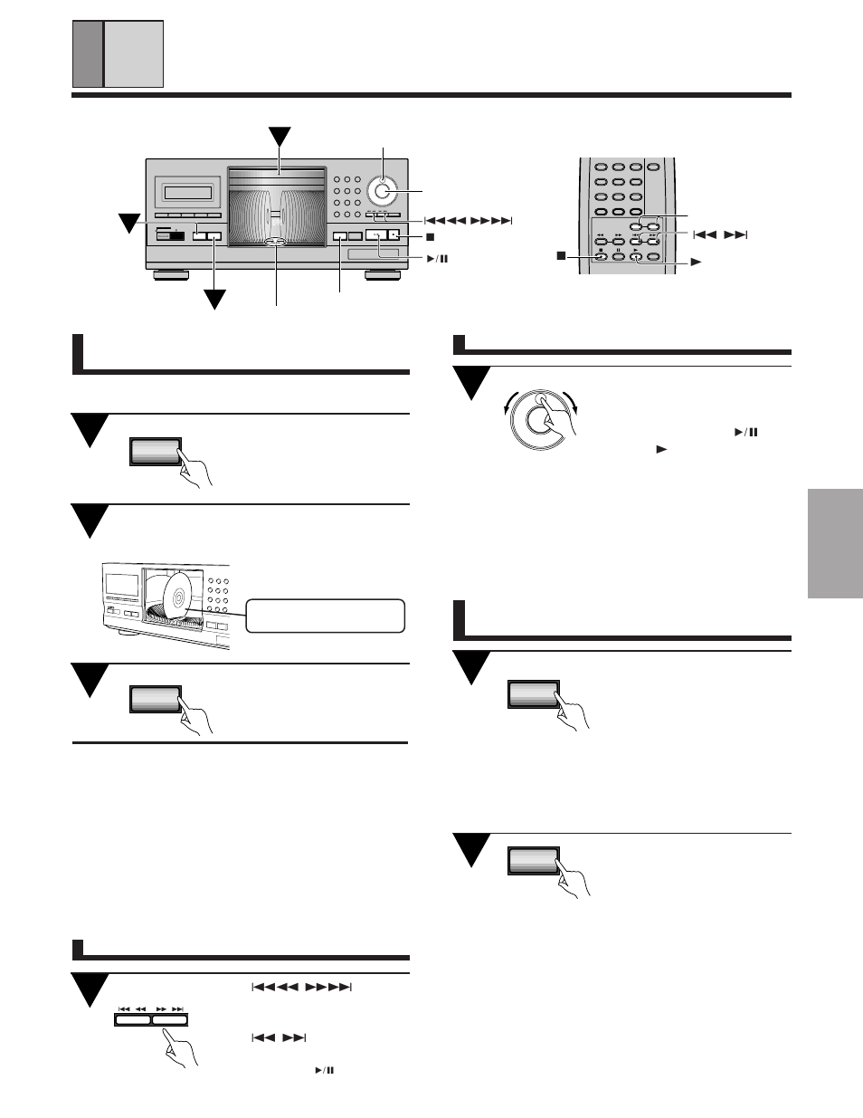 Opening or closing the hood during playback, Playing a disc that is not loaded in the rack, Basic operations | Open/close single loader slot, Press single loader access, Press single loader play, Jog dial, 4 / ¢ 7 3 disc(–/+) enter, Clear program repeat display, Track disc | Pioneer PD-F1009 User Manual | Page 11 / 20