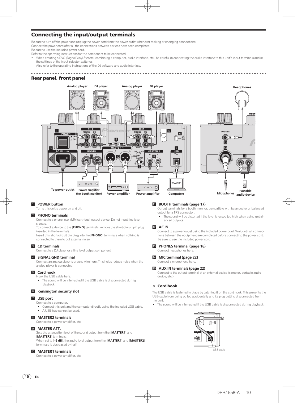 Connecting the input/ output terminals, Rear panel, front panel | Pioneer DJ Mixer DJM-T1 User Manual | Page 10 / 32