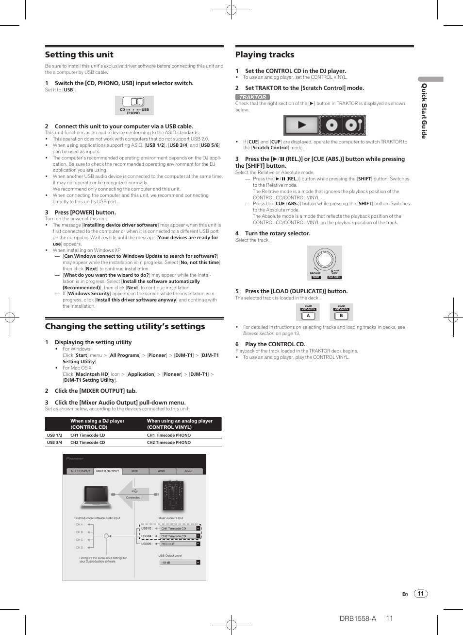 Setting this unit, Changing the setting utility’s settings, Playing tracks | Quick start guide | Pioneer DJ Mixer DJM-T1 User Manual | Page 11 / 32