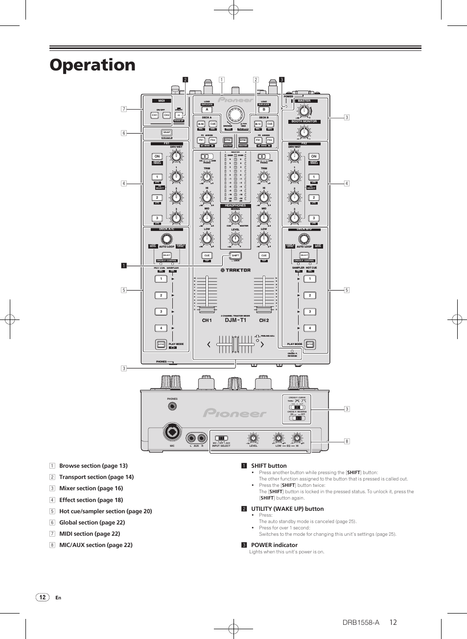 Operation, 2utility (wake up) button, 3power indicator | Djm -t1, Ch 1 ch 2, Lights when this unit’s power is on | Pioneer DJ Mixer DJM-T1 User Manual | Page 12 / 32