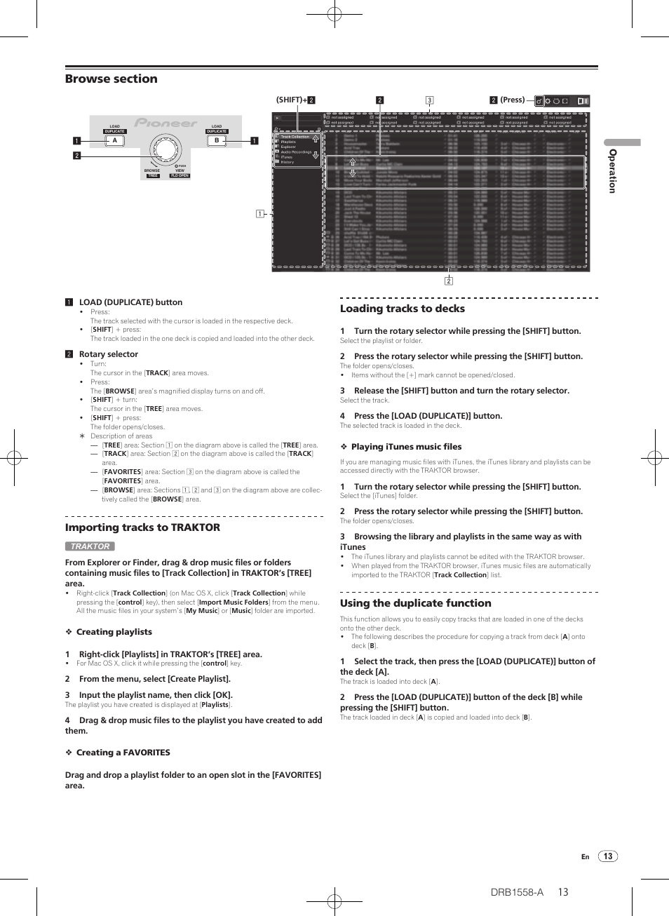 Browse section, Importing tracks to traktor, Loading tracks to decks | Using the duplicate function | Pioneer DJ Mixer DJM-T1 User Manual | Page 13 / 32