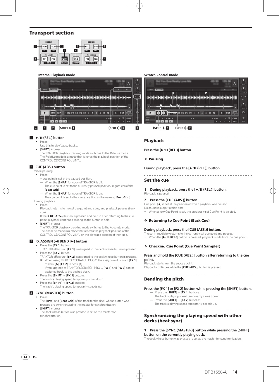 Transport section, Playback, Set the cue | Bending the pitch | Pioneer DJ Mixer DJM-T1 User Manual | Page 14 / 32
