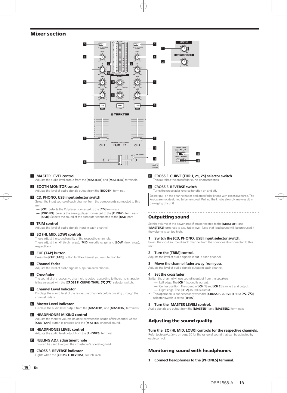 Mixer section, Outputting sound, Adjusting the sound quality | Monitoring sound with headphones, 2booth monitor control, 3cd, phono, usb input selector switch, 4trim control, 5eq (hi, mid, low) controls, 6cue (tap) button, 7channel fader | Pioneer DJ Mixer DJM-T1 User Manual | Page 16 / 32