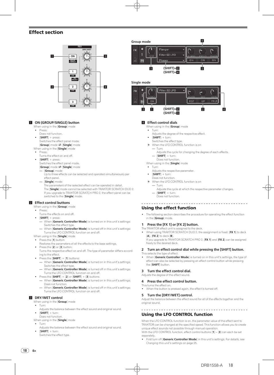 Effect section, Using the effect function, Using the lfo control function | Pioneer DJ Mixer DJM-T1 User Manual | Page 18 / 32