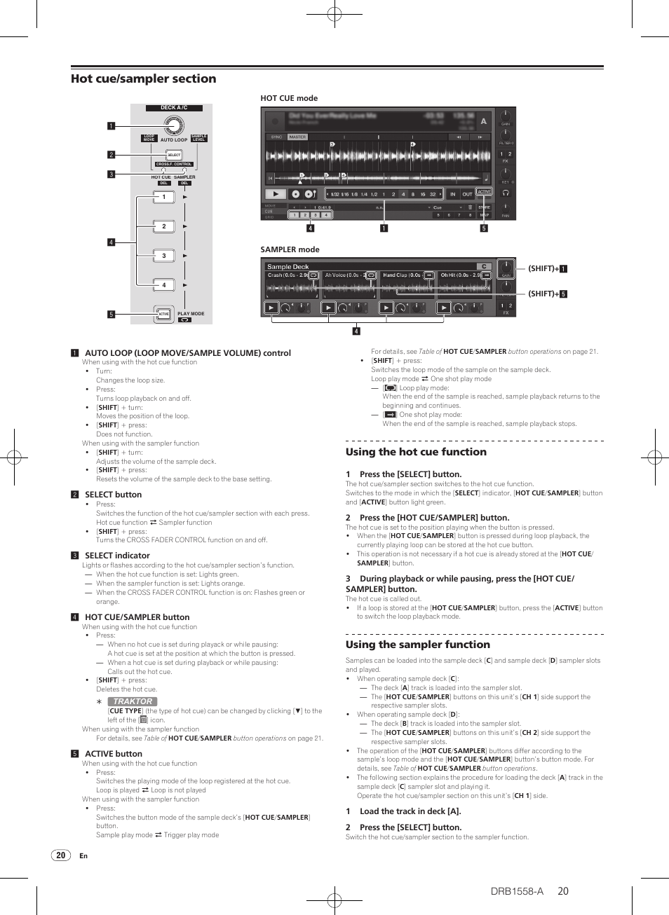 Hot cue/ sampler section, Using the hot cue function, Using the sampler function | Pioneer DJ Mixer DJM-T1 User Manual | Page 20 / 32
