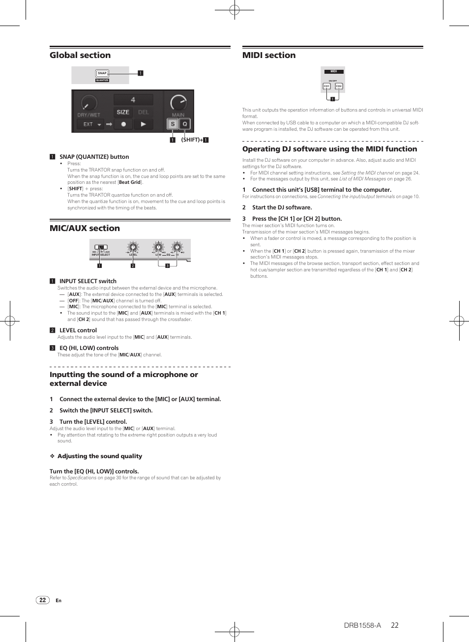 Global section mic/ aux section midi section, Operating dj software using the midi function | Pioneer DJ Mixer DJM-T1 User Manual | Page 22 / 32