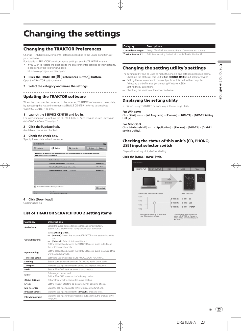 Changing the settings, Changing the traktor preferences, Changing the setting utility’s settings | Updating the traktor software, List of traktor scratch duo 2 setting items, Displaying the setting utility | Pioneer DJ Mixer DJM-T1 User Manual | Page 23 / 32