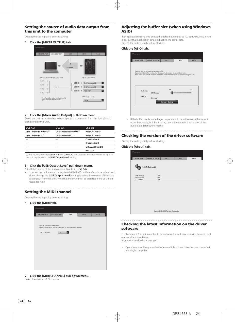 Setting the midi channel, Checking the version of the driver software | Pioneer DJ Mixer DJM-T1 User Manual | Page 24 / 32