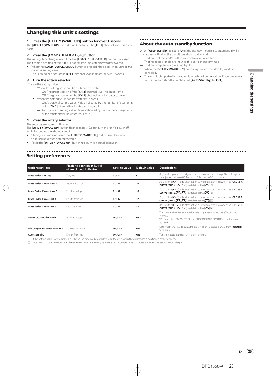 Changing this unit’s settings, About the auto standby function, Setting preferences | Chang ing the settings | Pioneer DJ Mixer DJM-T1 User Manual | Page 25 / 32