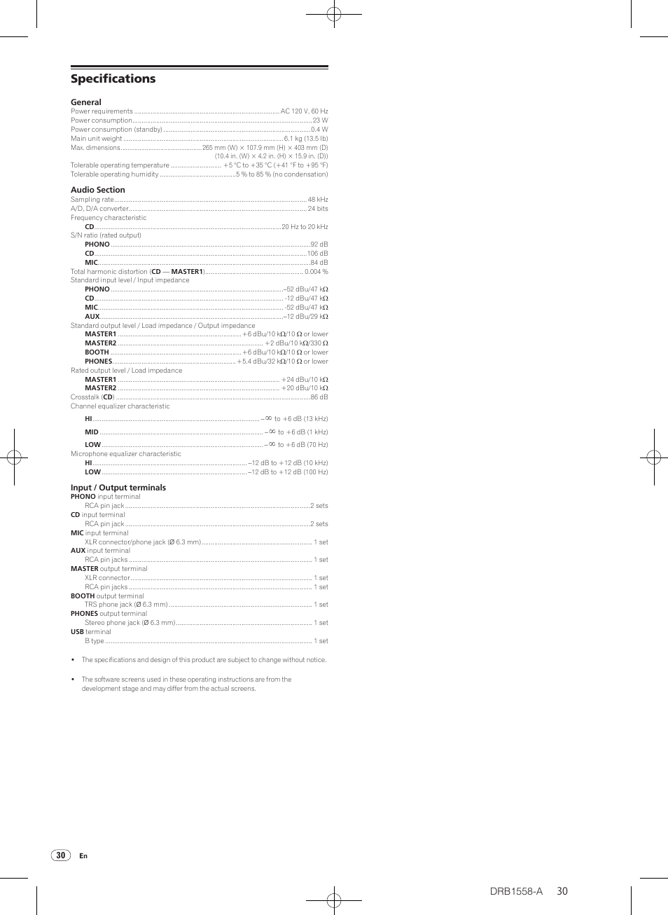 Specifications | Pioneer DJ Mixer DJM-T1 User Manual | Page 30 / 32