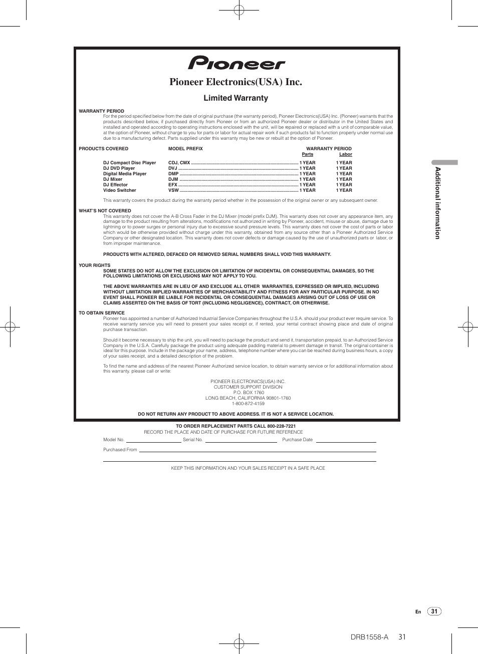 Pioneer electronics(usa) inc, Limited warranty, Additional information | Pioneer DJ Mixer DJM-T1 User Manual | Page 31 / 32