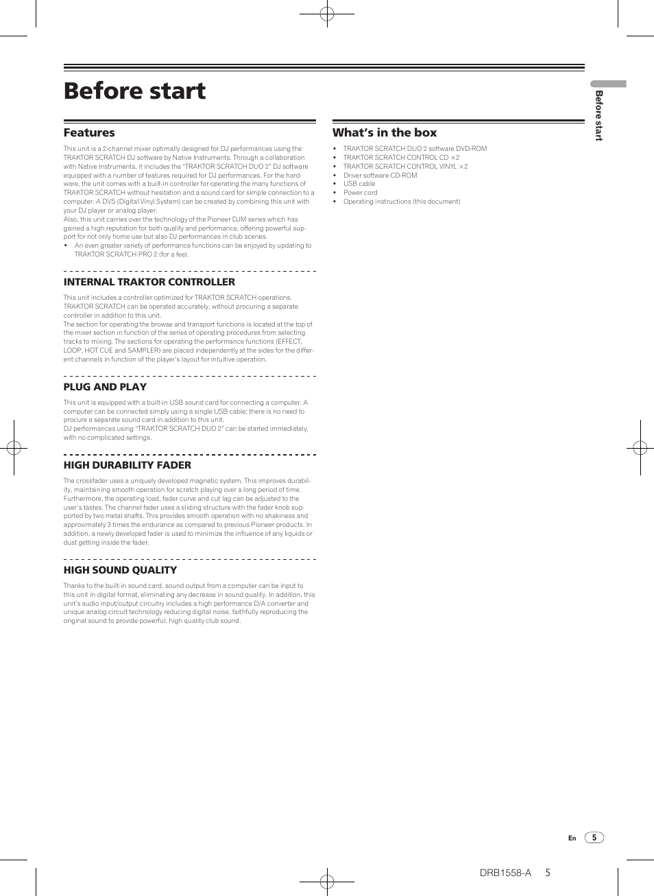 Features what’s in the box, Before start, Features | What’s in the box | Pioneer DJ Mixer DJM-T1 User Manual | Page 5 / 32
