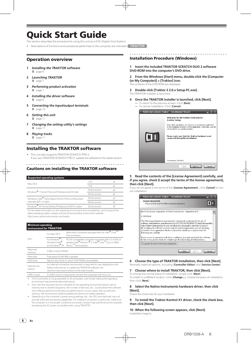 Operation overview installing the traktor software, Quick start guide, Operation overview | Installing the traktor software, Cautions on installing the traktor software, Installation procedure (windows) | Pioneer DJ Mixer DJM-T1 User Manual | Page 6 / 32
