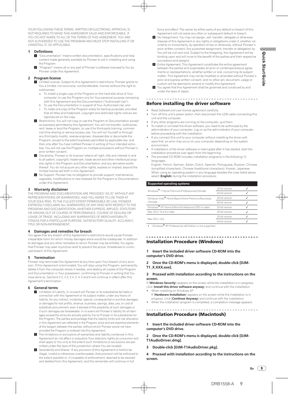 Before installing the driver software, Installation procedure (windows), Installation procedure (macintosh) | Quick start guide | Pioneer DJ Mixer DJM-T1 User Manual | Page 9 / 32